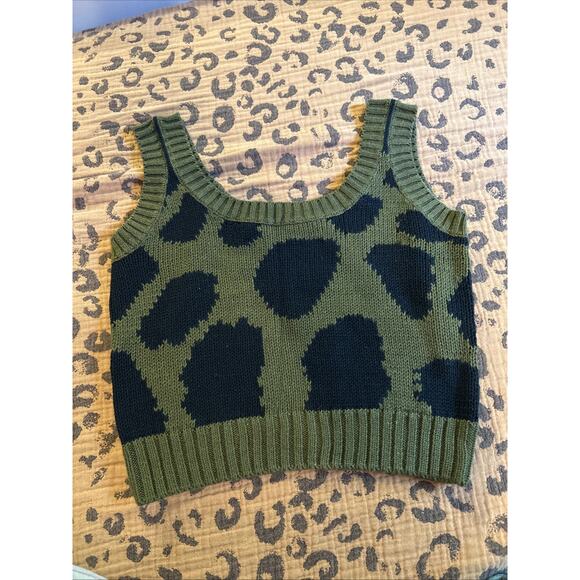 Vintage Crop Top Sweater Leopard Green Black Small S Oversized Cotton Ramie - Picture 1 of 3